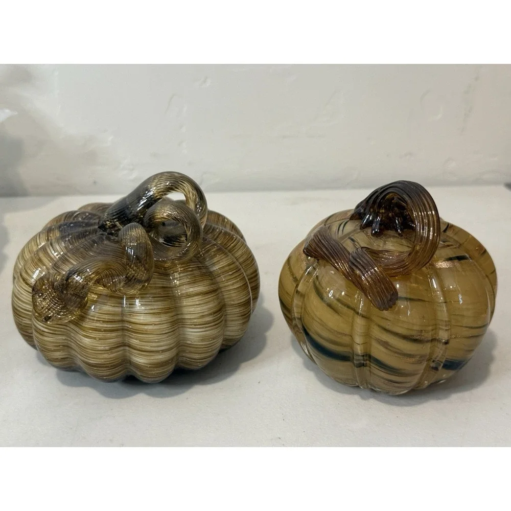 Lot of 2‎ Hand Blown Glass Pumpkins Amber Brown Swirl Fall Harvest Thanksgiving